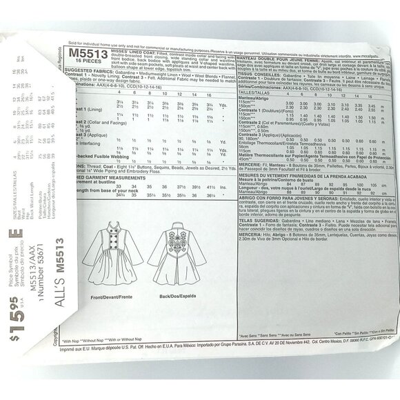 2007 McCalls 5513 Hillary Duff Coat Sewing Pattern AAX Uncut City Chic - Picture 4 of 5